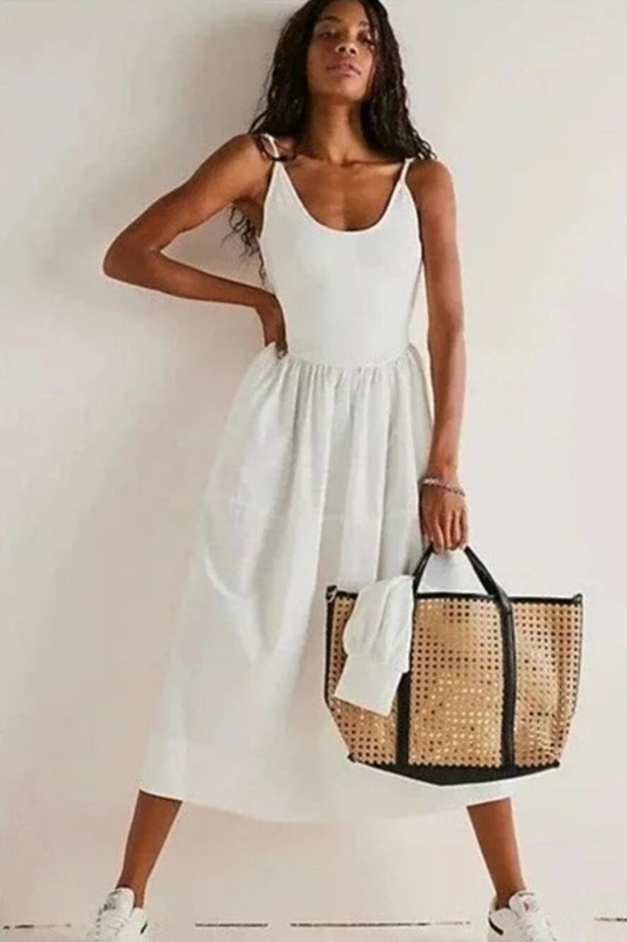 Free People Dylan White Scoop Back Cotton Midi Dress Size Medium - Picture 1 of 8